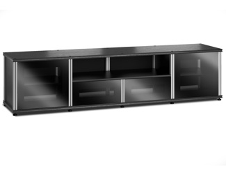 Synergy Solution 243, Quad-Width AV Cabinet, Black Oak with Black Glass and Aluminum Posts