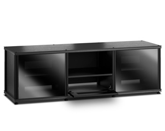 Synergy Solution 233, Triple-Width AV Cabinet, Black Oak with Black Glass Drop Down Doors with Aluminum Posts