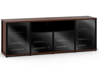 Synergy Solution 345, Quad-Width AV Cabinet, Dark Walnut with Black Glass and Black Posts