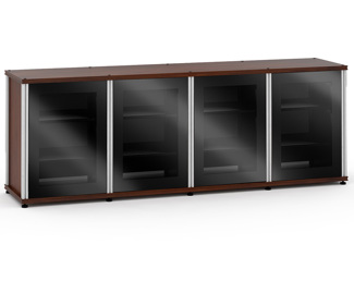 Synergy Solution 347, Quad-Width AV Cabinet, Dark Walnut with Black Glass and Aluminum Posts