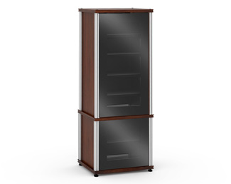 Synergy Solution 603, Single-Width AV Cabinet, Dark Walnut with Black Glass and Aluminum Posts