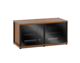 Synergy Solution 221, Twin-Width AV Cabinet, American Cherry with Black Glass and Black Posts