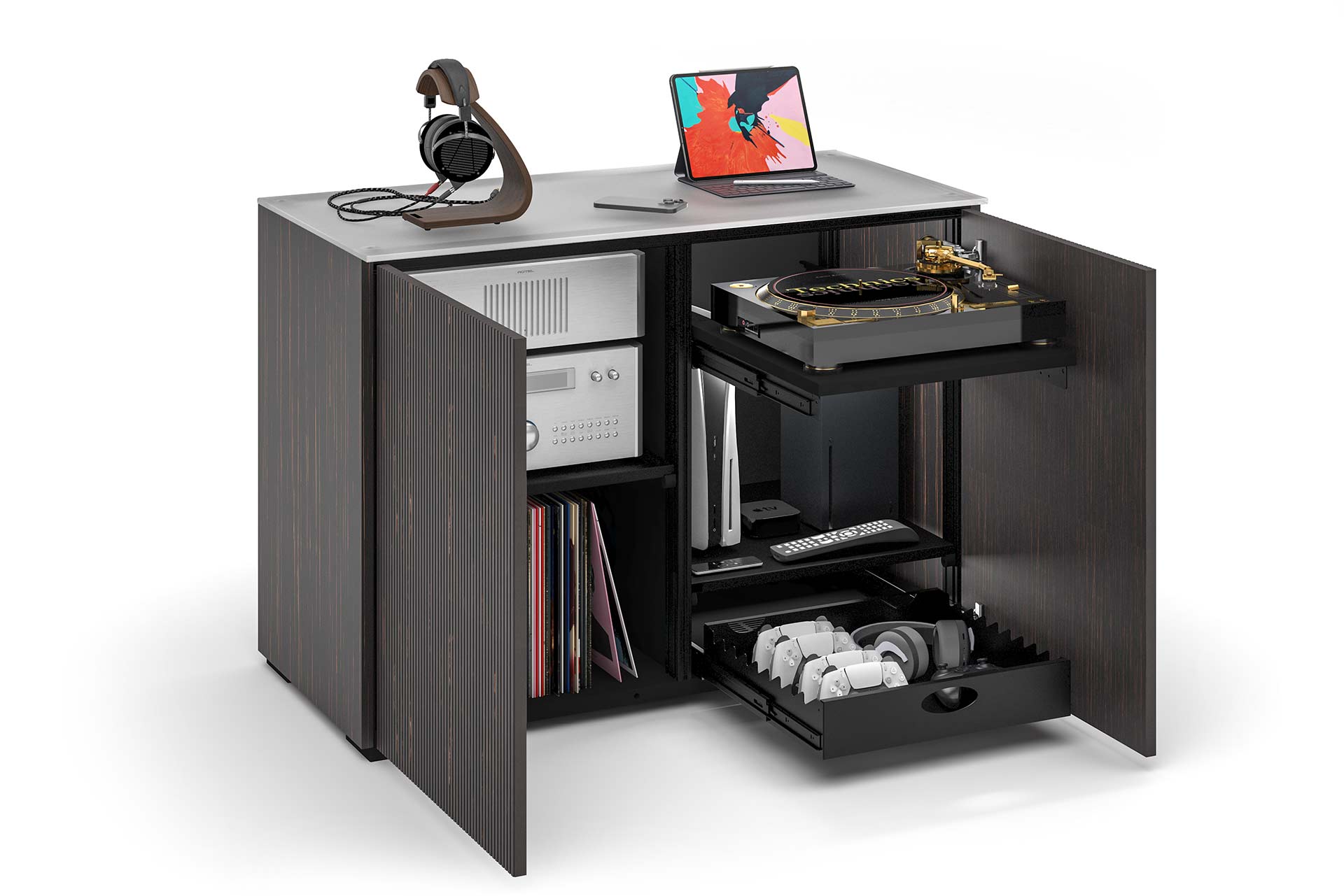 Milan cabinet with pull-out cartridge housing several electronic components