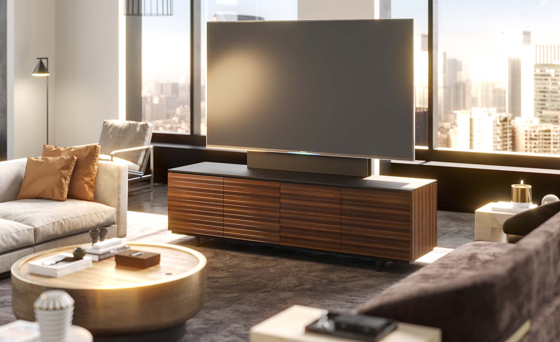 Barcelona cabinet with several custom features such as a refrigerator, trash bins and adjustable shelves
